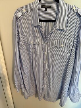 Banana Republic Navy and White Striped Button-Front Shirt